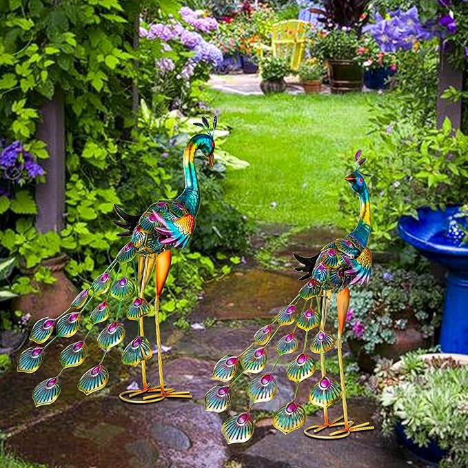 Peacock Garden Statues Metal Peacocks Sculptures for Outdoor Backyard Decor Patio Lawn Porch Yard Decoration (Pack of 2, Blue)