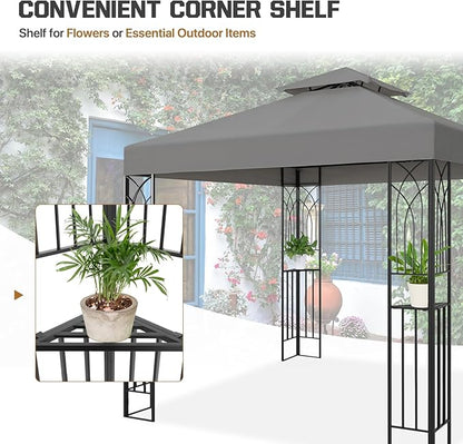 COOS BAY 8x8 Outdoor Patio Gazebo with Corner Shelves, Two-Tier Soft Top Canopy for Backyard, Lawn, Deck and Garden, Gray