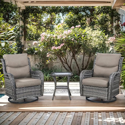 Patio Swivel Chairs with Smile-Shaped Cushions, 3 Piece High Back Patio Swivel Glider Chairs with Side Table 3PCS PE Rattan Luxury Swivel Patio Chair Set | Grey Wicker - Grey Cushions
