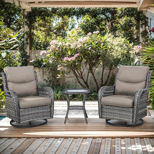 Patio Swivel Chairs with Smile-Shaped Cushions, 3 Piece High Back Patio Swivel Glider Chairs with Side Table 3PCS PE Rattan Luxury Swivel Patio Chair Set | Grey Wicker - Grey Cushions