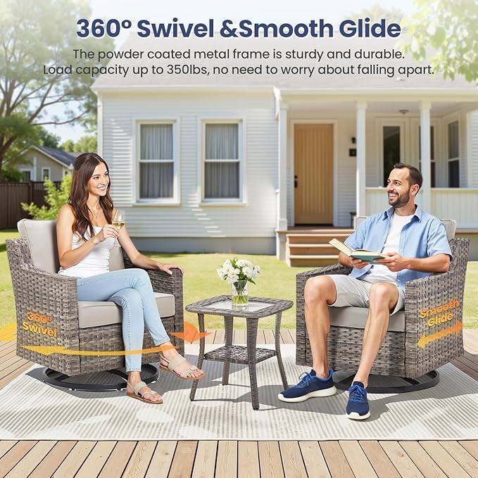 3 Pieces Outdoor Rocking Swivel Chairs with Side Table, Outdoor Furniture Swivel Chair with Comfy Cushions, Conversation Sets for Patio Deck Backyard Poolside