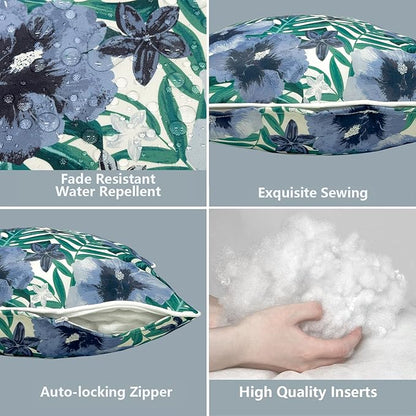 LVTXIII Set of 2 Outdoor Lumbar Pillows for Patio Furniture with White Piping, 12"x20" Fade Resistant Patio Lumbar Pillows with Inserts for Home Coach Sofa Use, Blue Salmone Tropical