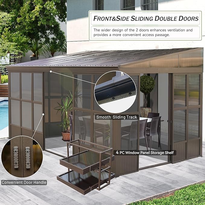 12x16FT Lean to Sunroom Kit All Season, Aluminum Wall Mounted Solarium with Galvanized Steel Slope Sun Room Roof, 2 Sliding Double Doors, PC Windows, Enclosed Permanent Gazebo for Patio, Deck