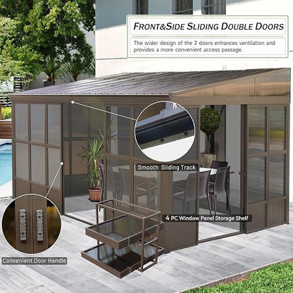 12x16FT Lean to Sunroom Kit All Season, Aluminum Wall Mounted Solarium with Galvanized Steel Slope Sun Room Roof, 2 Sliding Double Doors, PC Windows, Enclosed Permanent Gazebo for Patio, Deck