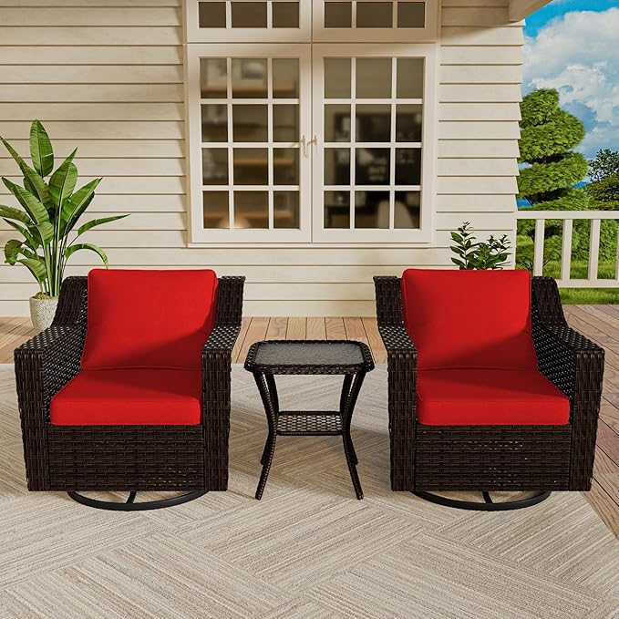 Vista Vibe 3 Pieces Outdoor Patio Conversation Furniture Set - 360 Degree Swivel Glider Rocker Chairs | Wicker End Table, Washable Cushions, Hand-Woven PE Rattan, Lawn, Sunroom (Brown/Red)