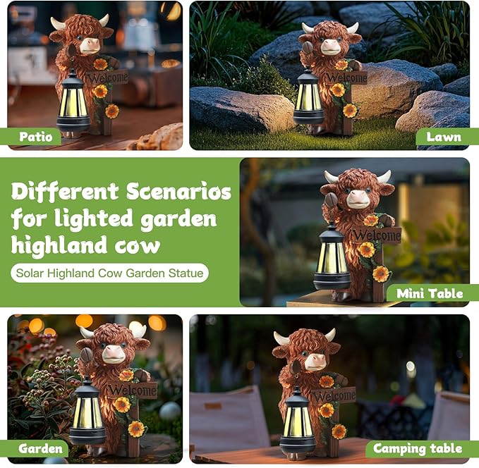 Solar Highland Cow Garden Decor - Outdoor Waterproof Resin Statues with LED Lights, Solar Patio Figurines for Yard & Lawn (1-Pack, Auto On/Off)