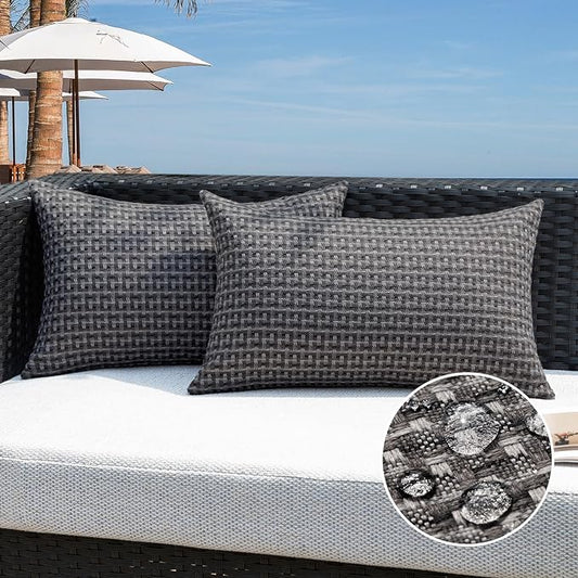 Kevin Textile Outdoor Waterproof Throw Pillow Covers Pack of 2 Farmhouse Decorative Cushion Covers for Garden Patio Tent Balcony Bench Couch Sofa 12x20 Inch, Dark Grey