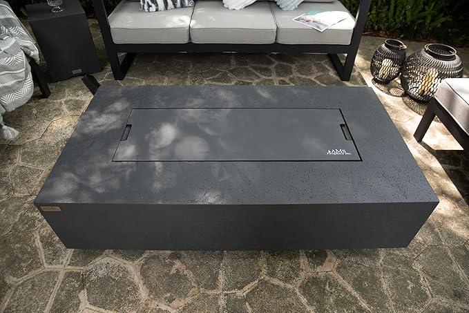 AMS Creations | Madison 60" Bundle Rectangular Propane Gas Outdoor Fire Pit Table | Dark Gray Concrete GFRC | Limestone Texture or Surface | Electronic Ignition | Outside Backyard Fireplace