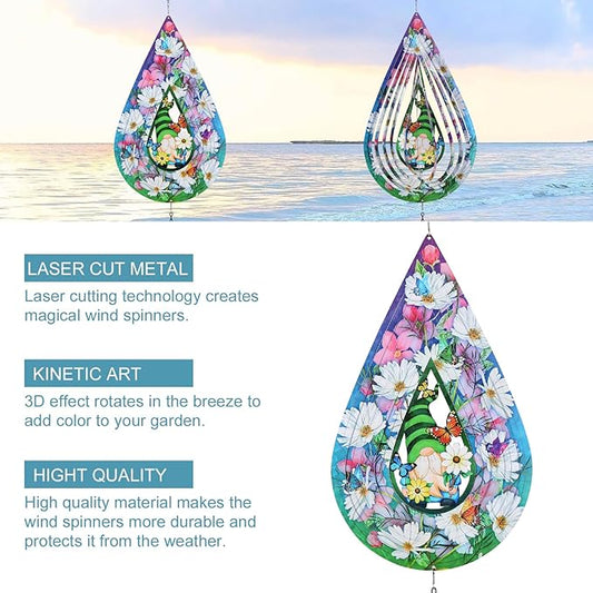 Gnomes and Butterfly Hanging Wind Spinners, Outdoor 3D Metal Sculptures for Garden and Yard Decoration Large Wind Spinner with a 360° Rotating Hook, Gifts for Women Mom Grandma Wife