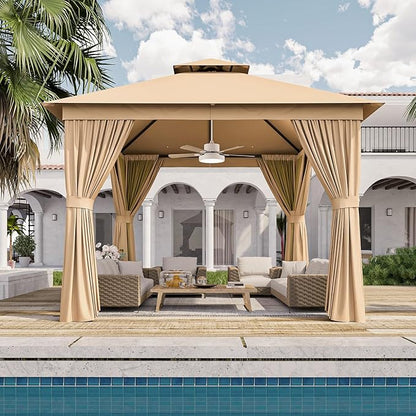 Outdoor Gazebo Metal Frame Patio Pergola Double Roofs Patio Canopy with Double-Layer Door and Mosquito Netting for Deck, Backyard, Lawn (Beige, 10x10FT)