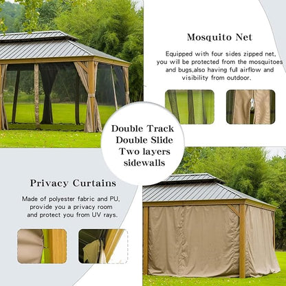 Domi Outdoor Living 12’x20’ Hardtop Gazebo, Wooden Coated Aluminum Frame Canopy with Galvanized Steel Double Roof, Outdoor Permanent Metal Pavilion with Curtains and Netting for Patio, Deck and Lawn