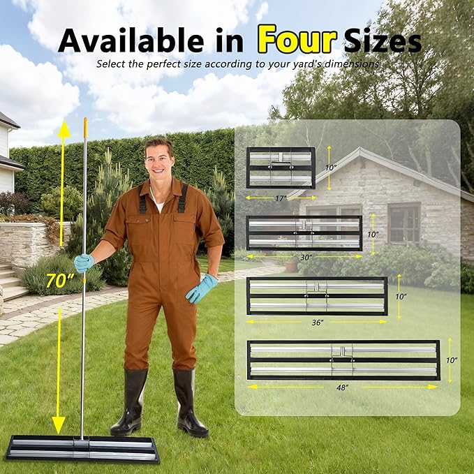 17"x10"Lawn Leveling Rake with Aluminum Rollers, Stainless Steel Yard Lawn Leveler Tool with Adjustable Long Handle, Yard Leveling Rake Suit, Levelawn Tool for Soil, Grass, Golf Course, Garden, Farm