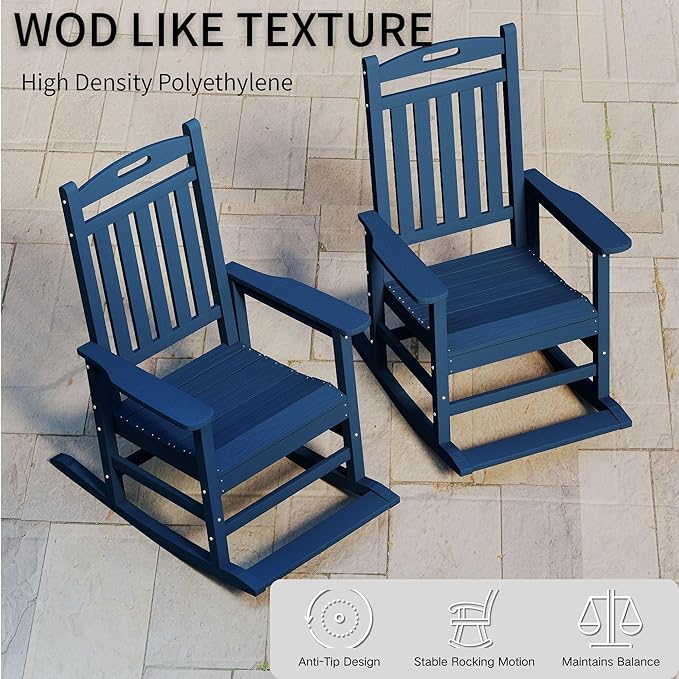 Kingdura Outdoor Rocking Chairs Set of 2, HDPE Plastic Patio Rocking Chair All-Weather Oversized Porch Rocker with High Back for Patio Outside Backyard Balcony (Navy Blue)