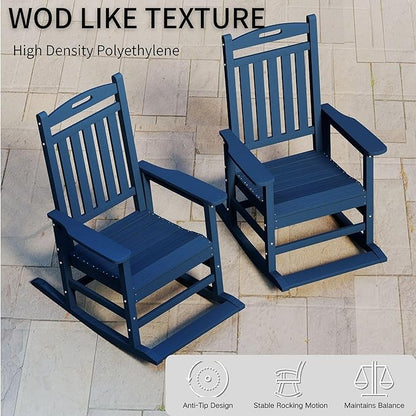 Kingdura Outdoor Rocking Chairs Set of 2, HDPE Plastic Patio Rocking Chair All-Weather Oversized Porch Rocker with High Back for Patio Outside Backyard Balcony (Navy Blue)