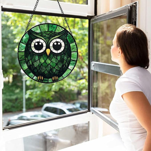 Stained Glass Window Hanging - Green Owl Suncatcher for Doors Garden Patio Funny Bird Sun Catchers Decor Christmas Mother's Day Birthday Teenager Gifts for Women Men Mom Nana Friend 11.8 in