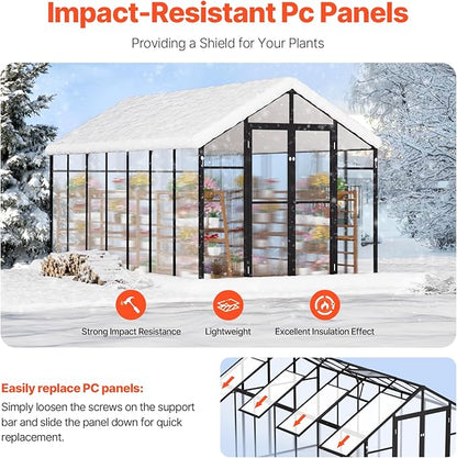 VEVOR Polycarbonate Greenhouse, 8 x 14 Ft, Outdoor Greenhouse with 2 Vent Windows, Pavilion Styled Greenhouse with Hinged Door, Aluminum Large Walk-in Greenhouse Kit for Outside Garden Backyard