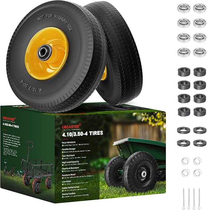 4.10/3.50-4 Tire and Wheel Flat Free,10-Inch Solid Wheel Replacement with 5/8 Extra 3/4 &1/2 Bearings,2.2" Offset Hub -Compatible with Hand Truck,Wheelbarrow,Dolly(Wave,Yellow)