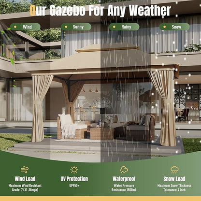 AOXUN Outdoor Gazebo for Patio 10x13, Metal Frame Canopy with Double Roofs, Heavy Duty Party Tent and Shelter with Mosquito Netting and Privacy Screen for Backyard, Lawn, Garden, Deck (Beige)