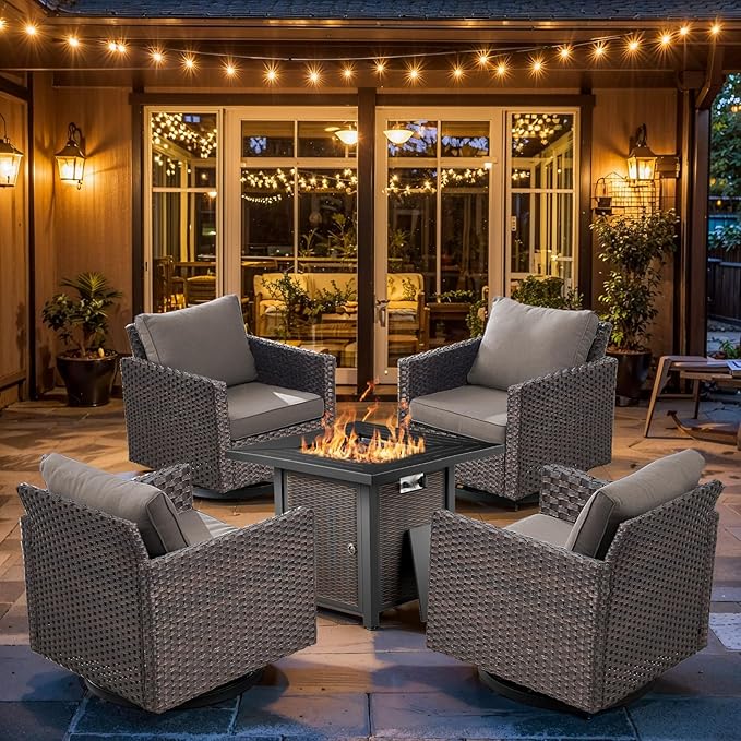 Wicker Outdoor Swivel Chairs Set of 4 with Fire Pit Table, 5 Pieces Patio Furniture Set with Fire Pit Table for Yard, Deck, Garden, Brown/Grey