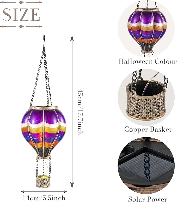 TERESA'S COLLECTIONS Hot Air Balloon Solar Lantern for Halloween Garden Decor, Flickering Flame Hanging Solar Light for Outdoor Yard Tree Porch Lamp Decorations Outside, Gift for Halloween Party