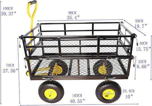 Heavy Duty Garden Wagon with Foldable Sides, Pneumatic Tires, Adjustable Handle (Yellow + Black Double Layer)