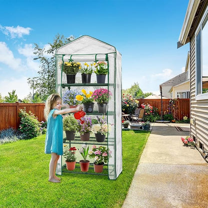 EAGLE PEAK 4-Tier Mini Greenhouse Portable Green House with Shelves & Weather-Resistant PE Cover, Small Greenhouse for Seedlings & Gardening Gifts, 27x19x64 in, Clear/White