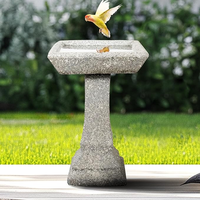 watnature Freestanding Birdbaths Outdoor - 15”Dia.X 22.8”Tall Concrete Standing Garden Bird Bath Feeder Bowl with Pedestal, Modern Outdoor Birdbath for Patio, Yard, Lawn Decor, Bird Bathing&Feeding