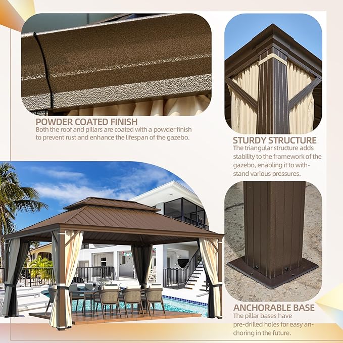 YOLENY 12' x 16' Gazebo, Galvanized Steel Double Roof Hardtop Gazebo with Aluminum Frame, Permanent Outdoor Metal Pavilion with Curtain and Netting for Patio, Lawn and Garden