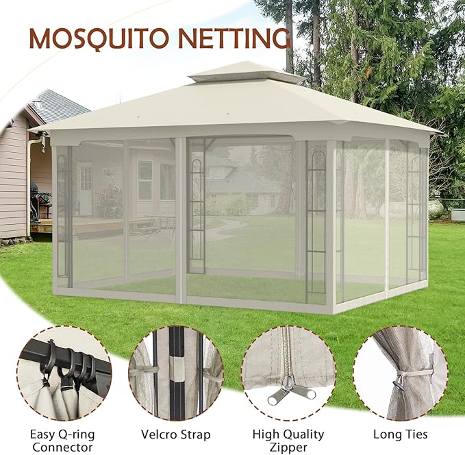 COOS BAY 10x12 Outdoor Patio Gazebo with Netting, Two-Tier Soft Top Canopy for Backyard, Lawn, Deck and Garden, Beige