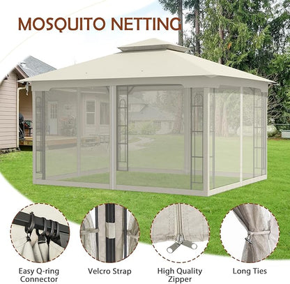 COOS BAY 10x12 Outdoor Patio Gazebo with Netting, Two-Tier Soft Top Canopy for Backyard, Lawn, Deck and Garden, Beige