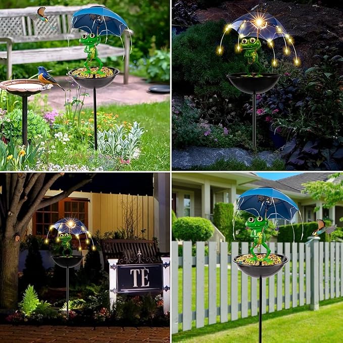 Solar Bird Feeder Frog Garden Decor, Outdoor Solar Lights Frog Figurine Lights with Umbrella, Hummingbird Feeder Decorative Path Lights Yard Art Ornament Bird Feeder (Frog)