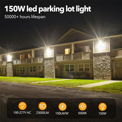 150W LED Parking Lot Light,5000K 23000LM Adjustable Outdoor floodlights with Dusk to Dawn Photocell,IP65 Waterproof AC100-305V, Outdoor Shoebox Light with Trunnion Wall Yoke Mount for Yard Garage Barn