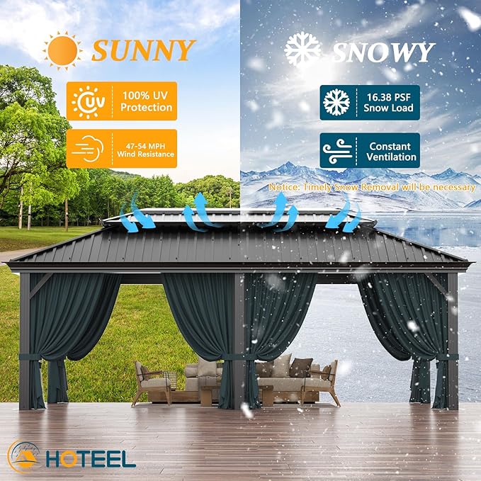 HOTEEL 12x20 Gazebo with Metal Roof Heavy Duty Hardtop Gazebo with Flame-Retardant Curtain & Netting, Hot Tub Gazebos with Galvanized Steel Double Roof, Outdoor Canopy for Patio, Party (2025 Upgraded)