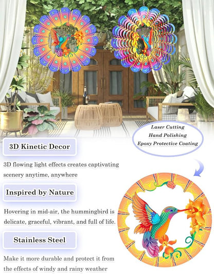 Hummingbird Wind Spinner-3D Metal Hanging Wind Spinners, Perfect Ornament Gifts for Women/Men, 12 Inch Spinfinity Wind Spinner for Outdoor & Indoor Decorations, Yard Art, Garden Decoration