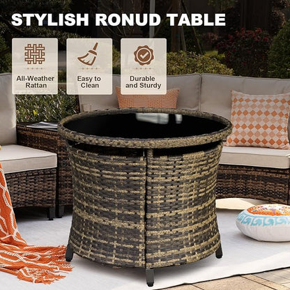 MEISSALIVVE 8 Piece Outdoor Patio Furniture Set, Half-Moon Curved Sectional Set with Wood Armrests, Patio Conversation Set, 2 Half-Moon Ottomans, Round Table & Side Table (Brown)
