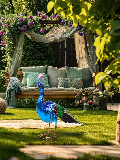YEAHOME Garden Decor Outdoor Statues, 24.4" Large Metal Peacock Standing Yard Art, Blue Green Bird Lawn Sculptures Garden Decor for Outside Patio Porch Backyard