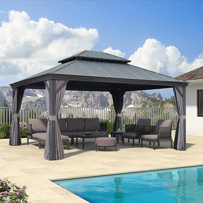 PURPLE LEAF 13' X 15' Permanent Gazebo with Metal Roof Outdoor Hardtop Gazebo for Patio Lawn and Garden Curtains and Netting Included Grey
