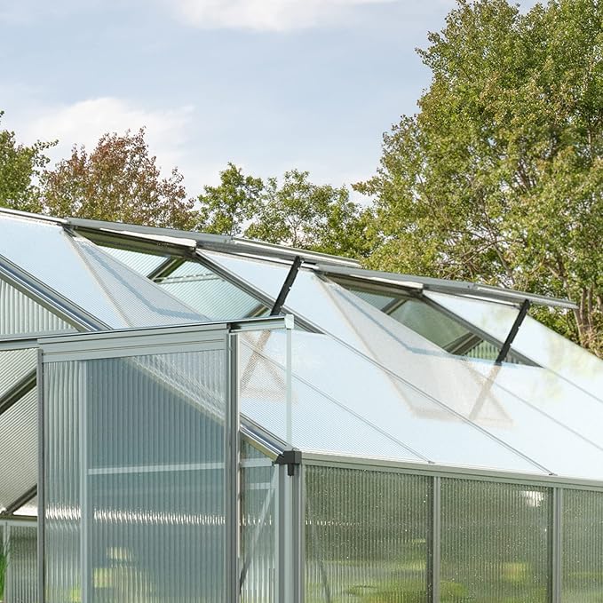 Greenhouse Topas 3 Aluminum Frame 7.4 x 6.4 ft Approx. 8 mm Polycarbonate Panels - with Bonus Base Frame and Automatic Vent Opener