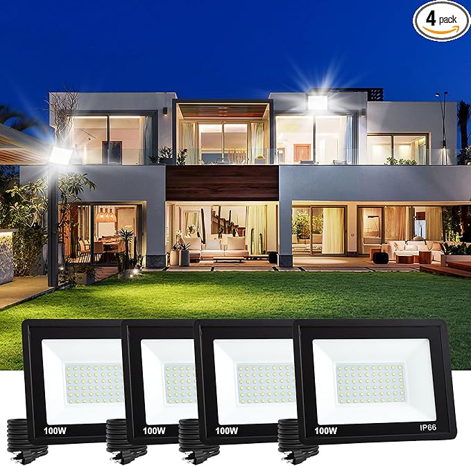 4 Pack 100W LED Flood Lights Outdoor, 10000 LM Super Bright Security Lights, Portable IP66 Waterproof LED Work Light with Plug, 6000K Daylight White Floodlights for Garage Yard Garden Playground