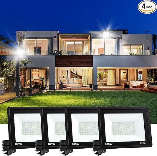4 Pack 100W LED Flood Lights Outdoor, 10000 LM Super Bright Security Lights, Portable IP66 Waterproof LED Work Light with Plug, 6000K Daylight White Floodlights for Garage Yard Garden Playground