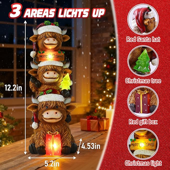 Christmas Highland Cow Decor with Solar Light Triple Highland Cow Christmas Decorations Gifts for Women Mom Funny Highland Cows Garden Statues for Garden Patio Lawn Yard Decor(Multicolor)