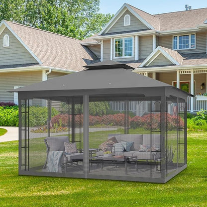 EAGLE PEAK Patio Gazebo with Mesh Netting 13x11 at Top 12x10 Footprint, Soft Top Outdoor Pavilion for Backyard, Deck, Lawn and Garden, Gray