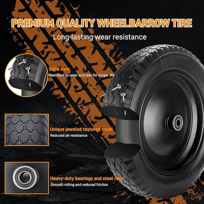 Wheelbarrow Tire 4.80/4.00-8 Flat-Free Tire and Wheel 14.5" Solid Wheelbarrow Tires with 3"-7" Centered Hub and 5/8" & 3/4" Bearings for Hand Truck, Trolley, Garden Cart, Wagons (2 Pack)
