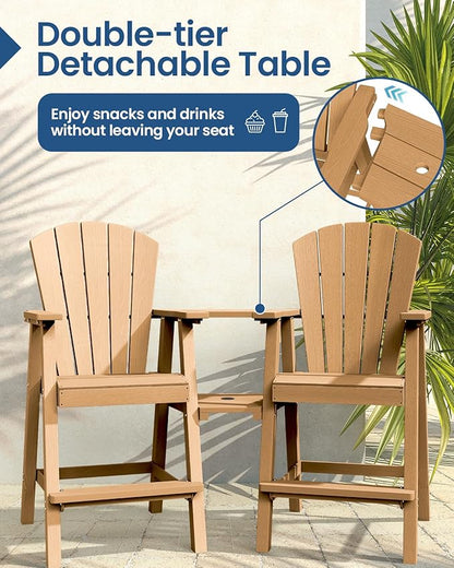 Ciokea Tall Adirondack Chairs Set of 4, HDPE Outdoor Adirondack Bar Stools with Double Connecting Tray, Weather Resistant High Back Adirondack Balcony Chairs for Deck, Lawn, Pool, Backyard, Teak