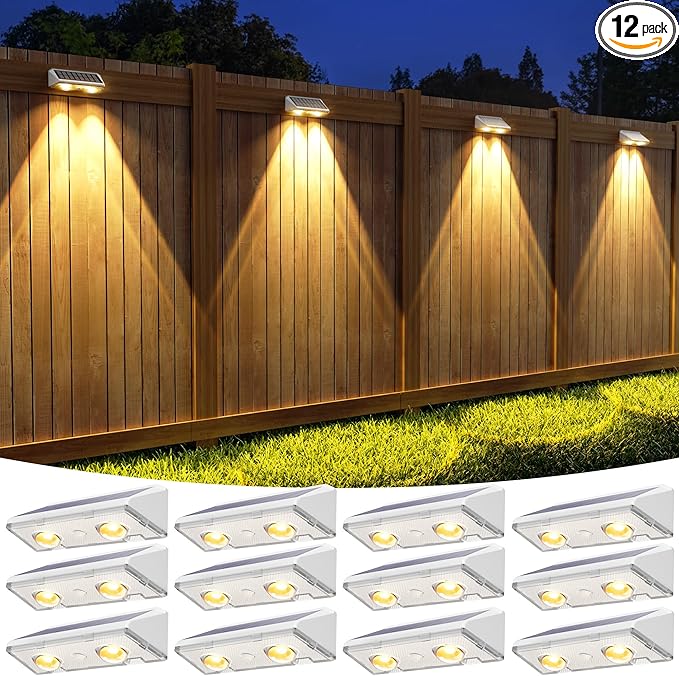 APONUO Solar Fence Lights, IP64 Waterproof, Fence Lights Solar Powered 9 Lighting Color Modes RGB Color Glow LED, Fences Solar Light Outdoor for Backyard, Yard, Wall, Deck, Patio, 12 Pack, White