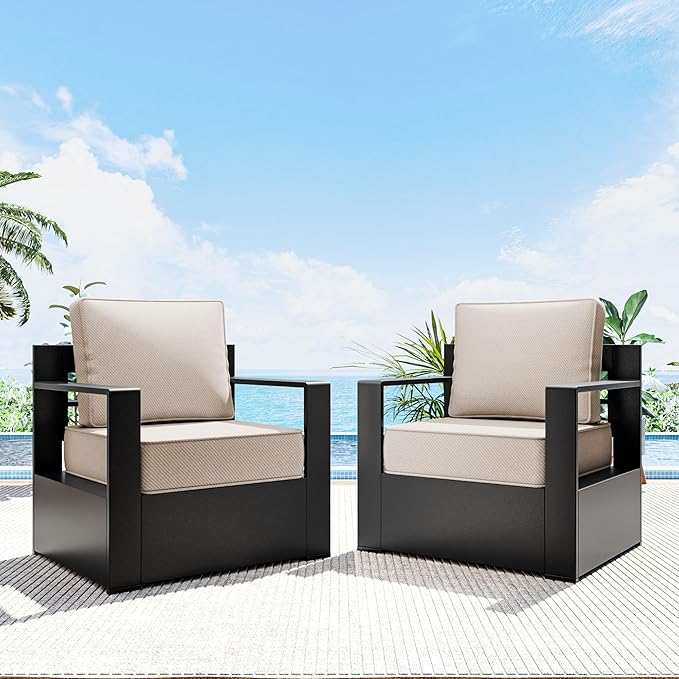 Outdoor Patio Furniture Aluminum Patio Chairs, All-Weather Metal Outdoor Chair with 6 Inch Thick Cushions, Deep Setting for Garden, Outside and Porch