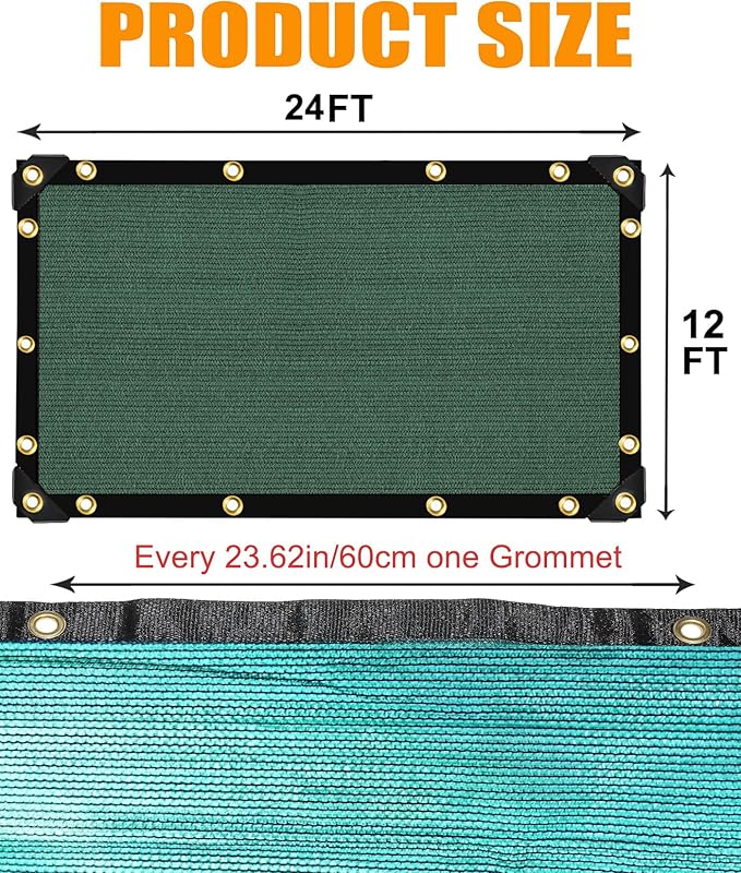 e.share 70% Shade Cloth for Garden, 12 Ft X 24 Ft Sun Shades Outdoor Patio with Grommets for Plant Covers,Porch Screen,Pergola Shade Cover,Greenhouse,Green