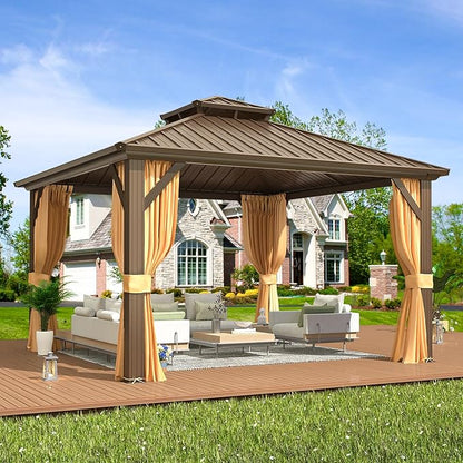 EROMMY 12' x 12' Hardtop Gazebo, Aluminum Frame Gazebos with Galvanized Steel Double Roof, Permanent Outdoor Metal Pavilion with Curtain and Netting for Patio, Lawn, Deck
