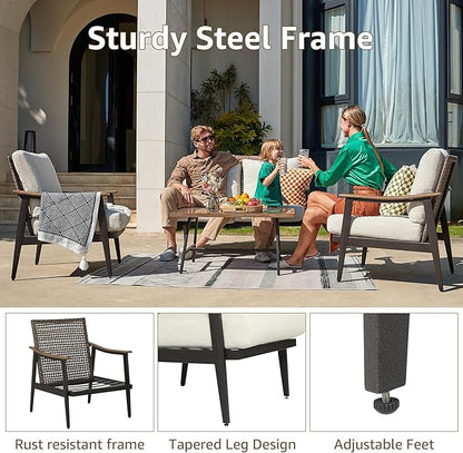 NATURAL EXPRESSIONS 4 Pieces Patio Furniture Set, Outdoor Furniture Sofa Sectional Modern Metal Patio Conversation Set with High Back Wicker Backrest & Loveseat for Balcony, Backyard, Deck, Porch