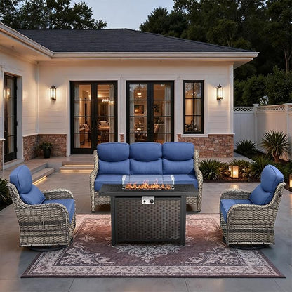 HUMMUH 4 Pieces Patio Furniture Set with Fire Pit High Back Outdoor Furniture Set 6-inch Cushions Wicker Patio Swivel Rocker Chairs for Balcony Garden,Lawn,Deck